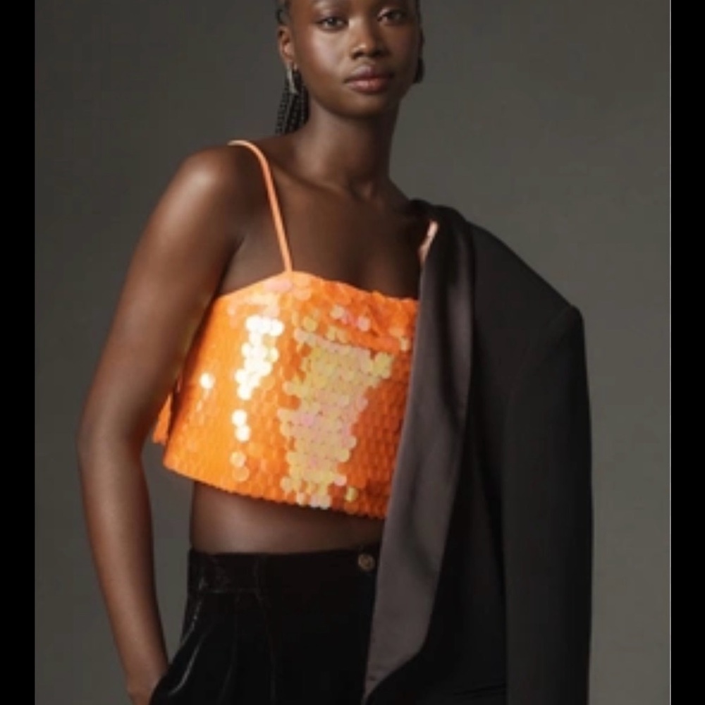 Anthropologie Orange Sequin Crop Top